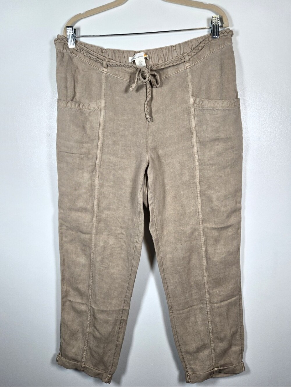 C&C California Linen Blend Tan Cropped Pull On Ankle Pants Size XL Braided Belt